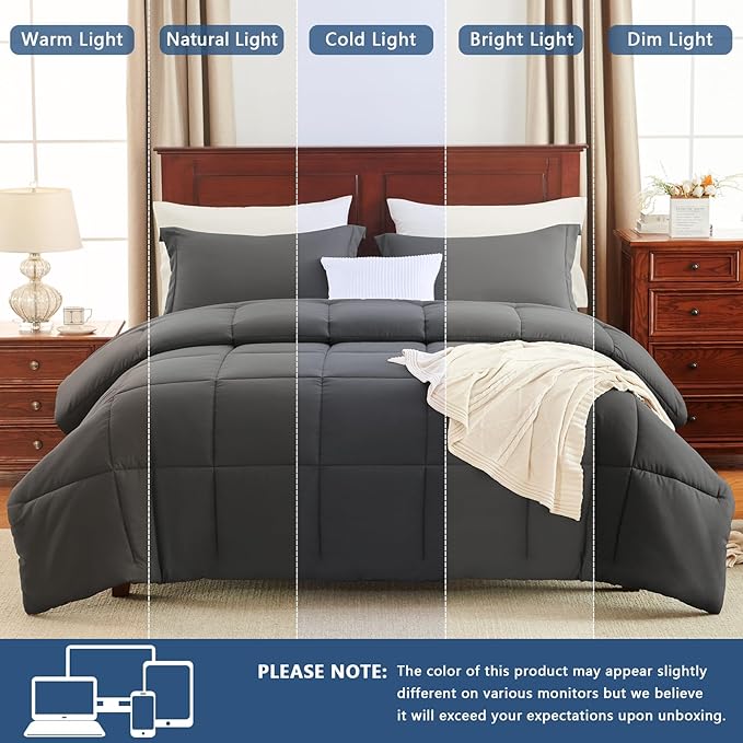 CozyLux Oversized Queen Comforter Set, 3 Pieces Dark Grey 98x98 Box Stitched - Image 5