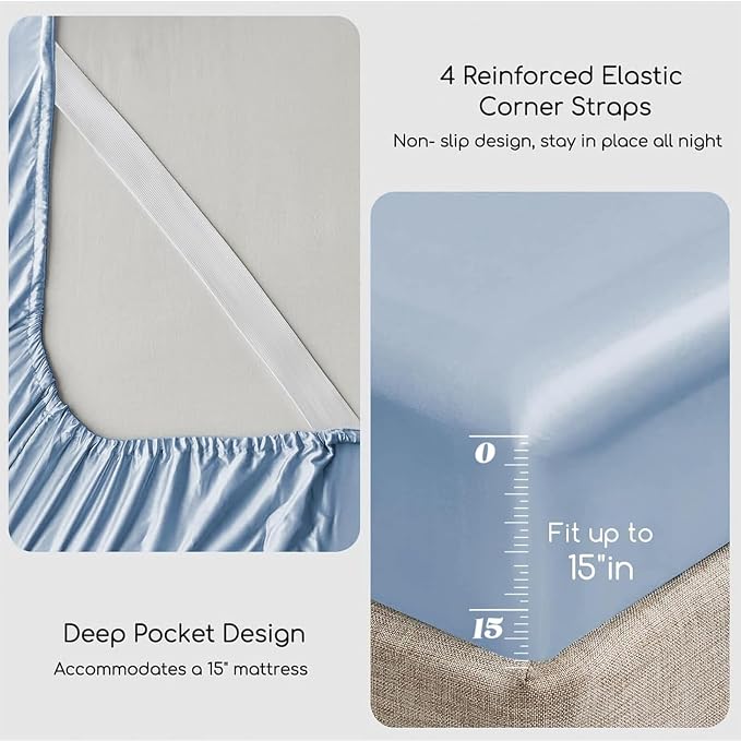 MR&HM Satin Bed Sheets with Elastic Corner Straps, Queen Size Sheets Set - Image 4