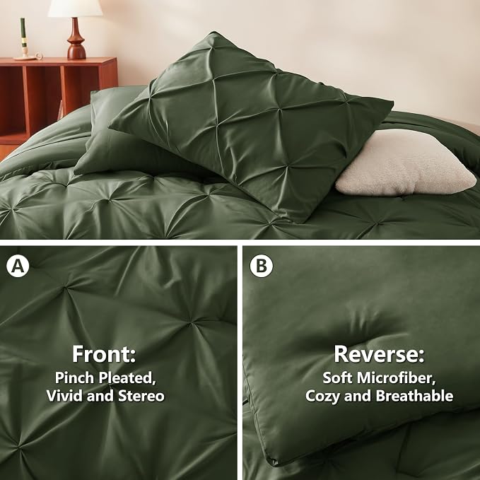 CozyLux Queen Comforter Set Olive Green, 7 Pieces Pintuck Bed in A Bag - Image 3