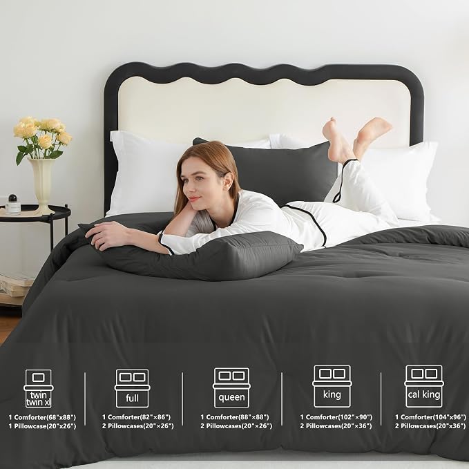 CozyLux King Size Comforter Set Dark Grey, 3 Pieces Solid Comforters King Size - Image 7