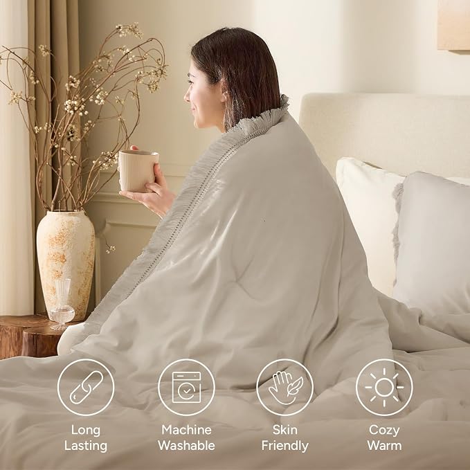 Andency Comforter Set Oversized King Oatmeal 120x120, 3 Pieces Boho Fall Tassel - Image 4