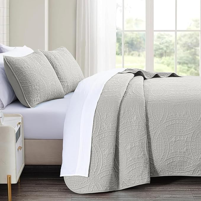 akkialla King Size Quilt Set, Light Grey Ultrasonic Bedspread, Lightweight Soft - Image 4