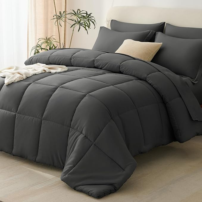 CozyLux Oversized Queen Comforter Sets Dark Grey, 7 Pieces Bed in a Bag by CozyLux
