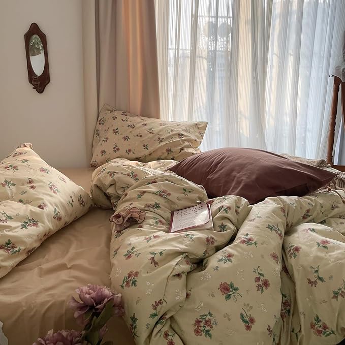 MKXI Yellowish Beige & Red Floral Duvet Cover Set Queen Size - Image 5
