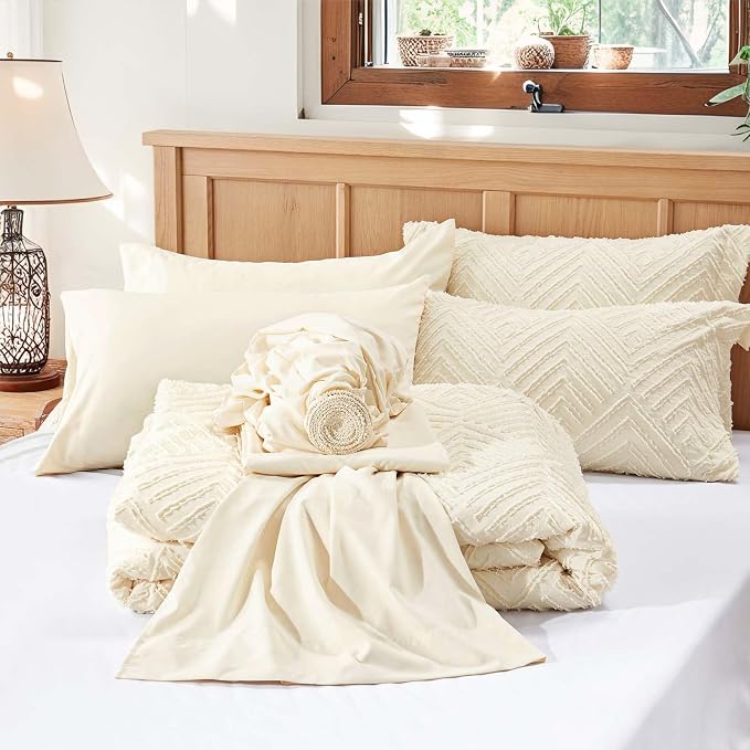 Zzlpp Full Comforter Set 7 Pieces, Cream Tufted Bed in a Bag - Image 7