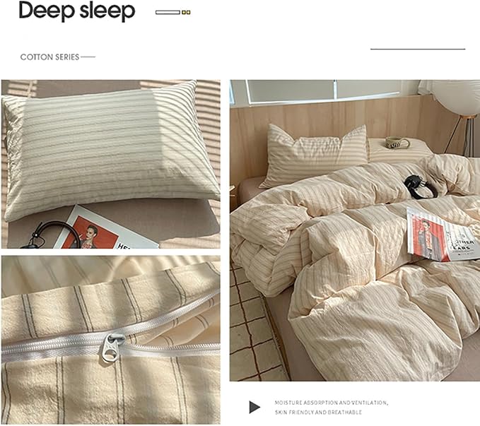 Nayoroom Striped Duvet Cover King Size 100% Washed Cotton Beige Duvet Cover - Image 7