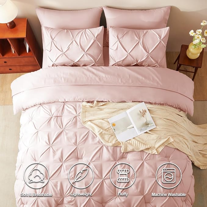 HIMEET Pintuck Bed in a Bag, 7 Pieces Queen Size Comforter Set Blush Pink - Image 2