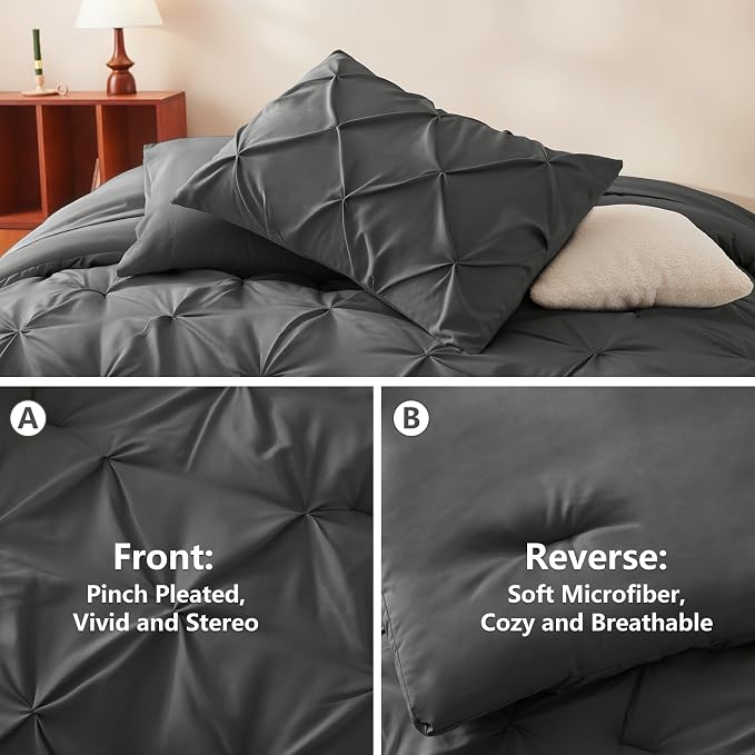 HIMEET Pintuck Bed in a Bag, 5 Pieces Twin Comforter Set Dark Grey, Pinch Bed - Image 3