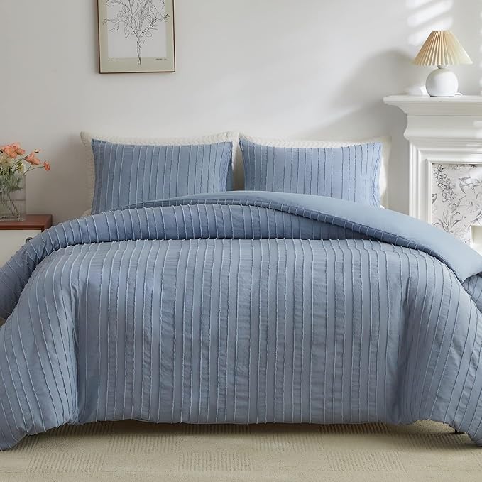 WARMDERN Blue Boho Duvet Cover King Size, Striped Textured Duvet Cover Set by WARMDERN