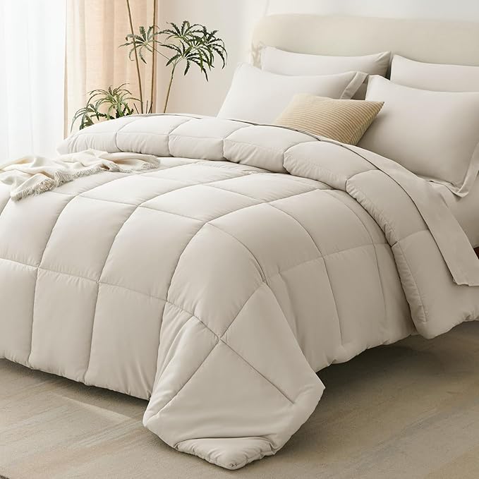 CozyLux Oversized Queen Comforter Sets Beige, 7 Pieces Bed in a Bag, 98x98 Box by CozyLux
