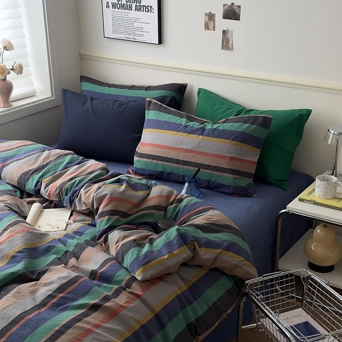 mixinni Vintage Striped Duvet Cover Full 100% Washed Cotton Bedding Set Retro - Image 7