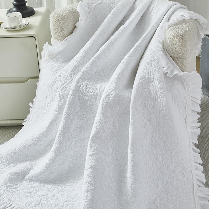 Brandream White Quilt Set Cotton Queen Size Shabby Chic Cottagecore Bedding - Image 4