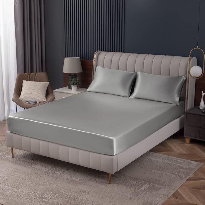 Homiest Luxury Light Grey Satin Fitted Twin Size Deep Pocket Bed Sheet by Homiest