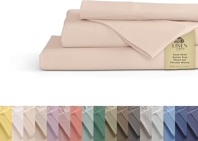 Linen Home 100% Cotton Percale Sheets Queen Size, Sand Shell, Deep Pocket by LINENHOME