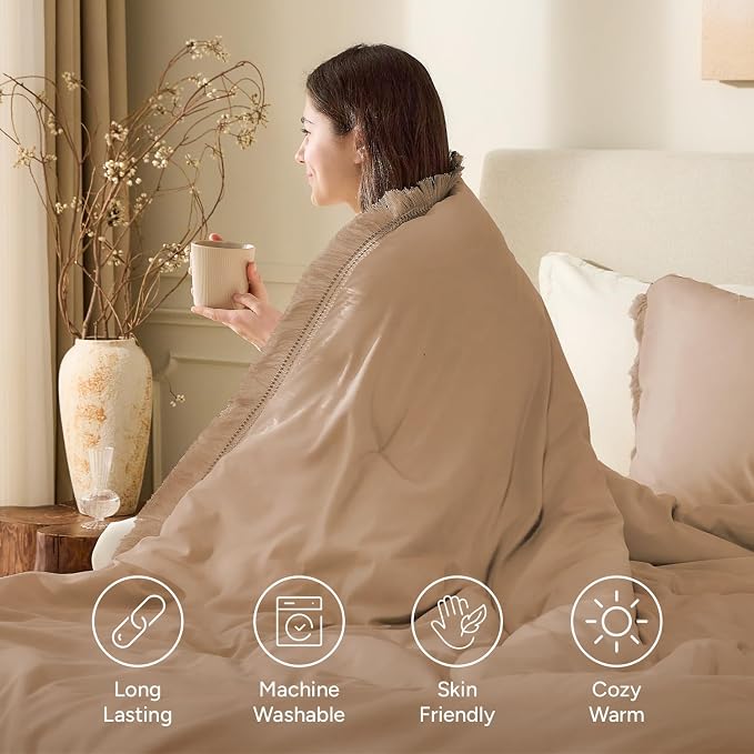 Andency Taupe Comforter Set Full Size, 3 Pieces Boho Tassel Lightweight Bedding - Image 4