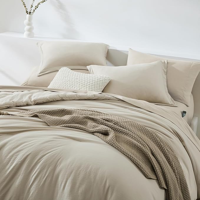 WRENSONGE California King Size Comforter Sets- 7 Pieces Soft Light Oatmeal Bed - Image 2