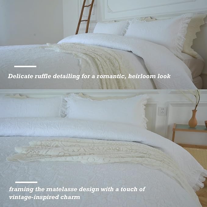 Brandream White Quilts King Size Cotton Matelasse Coverlet Set Cottagecore - Image 3