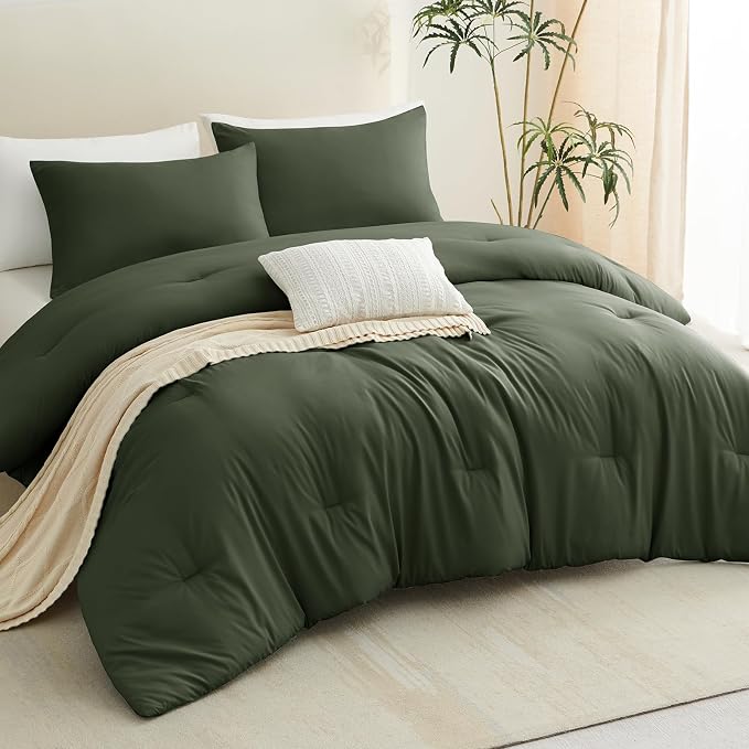CozyLux Full Size Comforter Set Dark Green, 3 Pieces Solid Breathable Quilted - Image 9