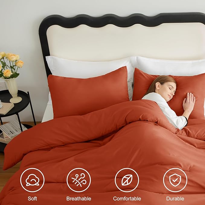 CozyLux Full Size Comforter Set Terracotta, 3 Pieces Burnt Orange Rust Solid - Image 4