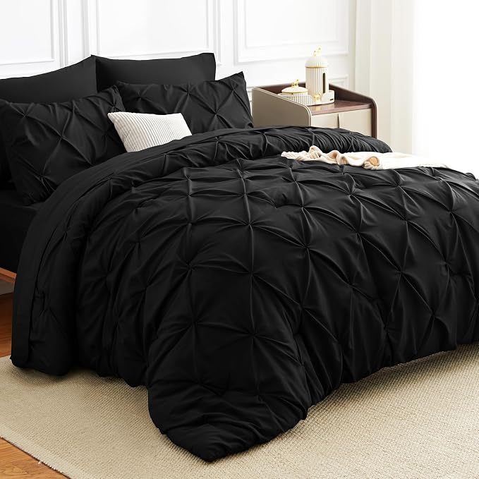 HIMEET Pintuck Bed in a Bag, 7 Pieces California King Comforter Set Black by Unknown