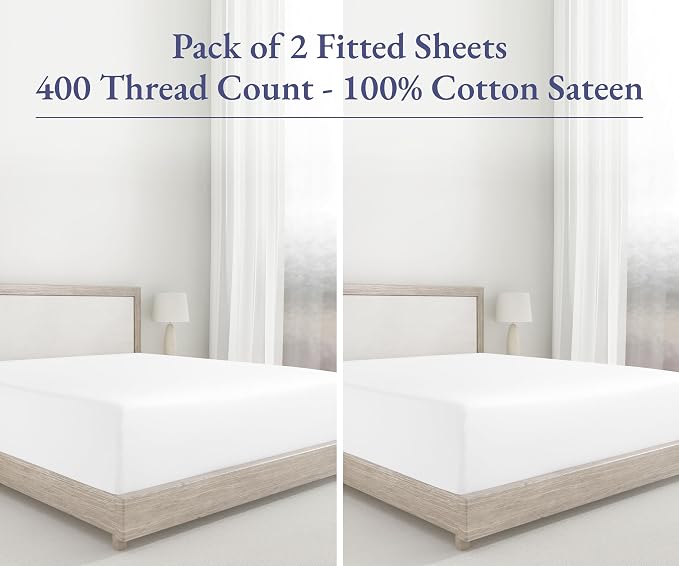 2 King Fitted Sheets, 400 Thread Count 100% Cotton Sateen, King Size Fitted - Image 4