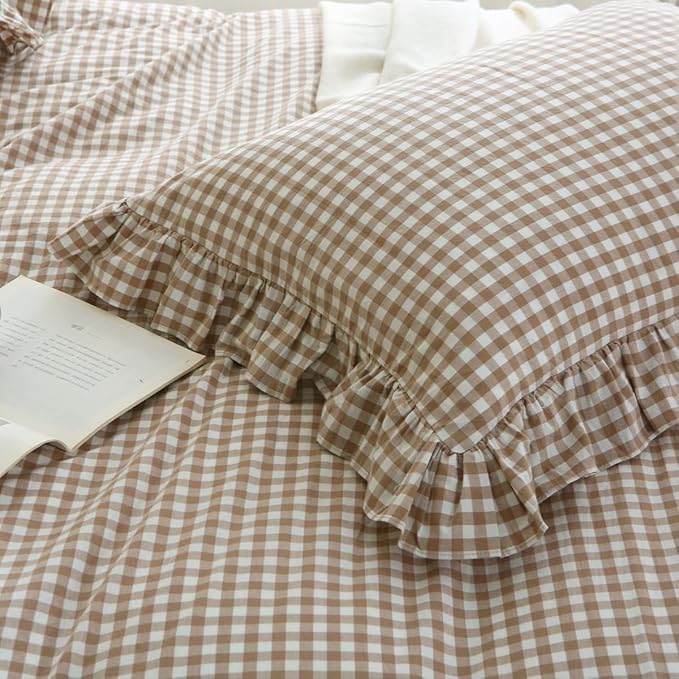 Silnuo Taupe/White Plaid Ruffle Duvet Cover Queen Size, 100% Washed Cotton 3 - Image 7