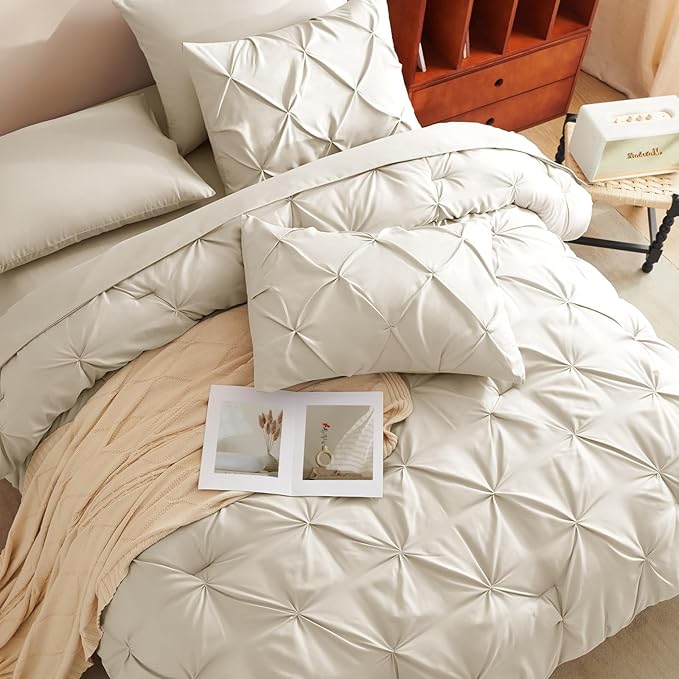 HIMEET Pintuck Bed in a Bag, 5 Pieces Twin XL Comforter Set Beige, Extra Long - Image 4