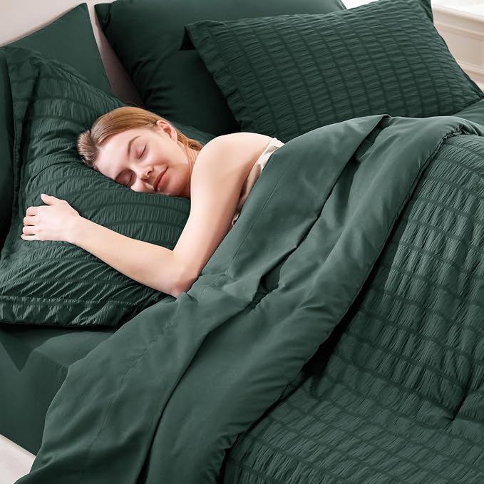 CozyLux Oversized King Comforter Set Forest Green Seersucker 7 Pieces 120x98 - Image 5