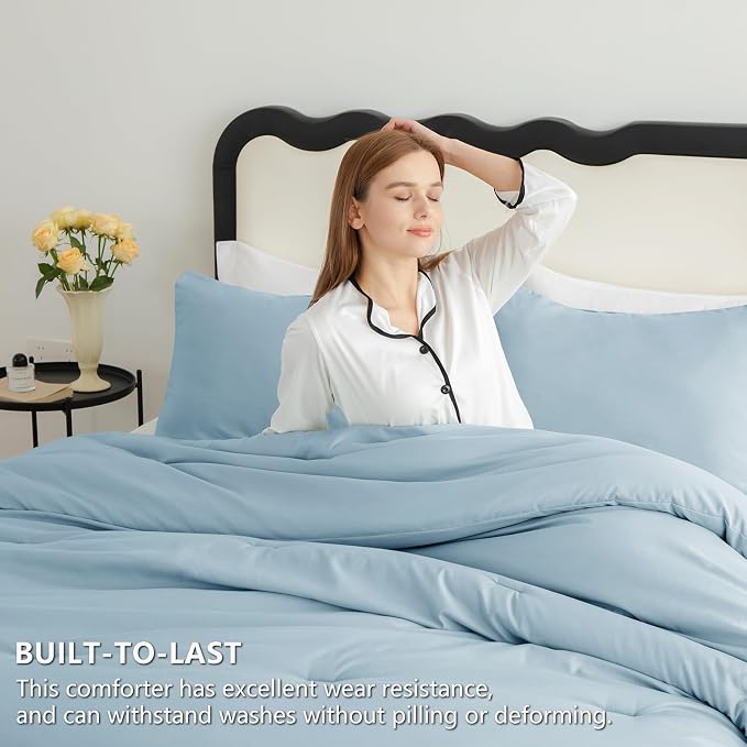 CozyLux Full Size Comforter Set Light Blue, 3 Pieces Solid Breathable Quilted - Image 3