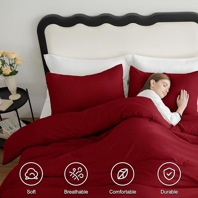 CozyLux Oversized Queen Comforter Set Dark Red, 3 Pieces 98x98 Solid Breathable - Image 5