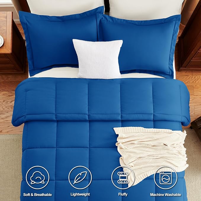 CozyLux Oversized Queen Comforter Set, 3 Pieces Classic Blue 98x98 Box Stitched - Image 4