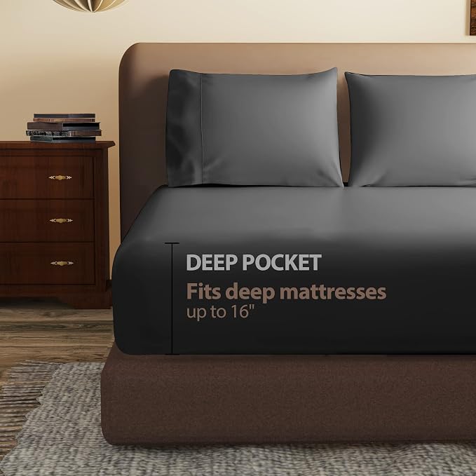 100% Egyptian Cotton Fitted Sheet Queen Size Black, 600 Thread Count 8-16" Deep - Image 5