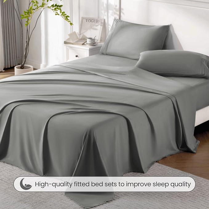 ROSE&RISY Light Grey Full Sheet Set, 4 Pieces Soft Bedding Queen Sheet Set - Image 5