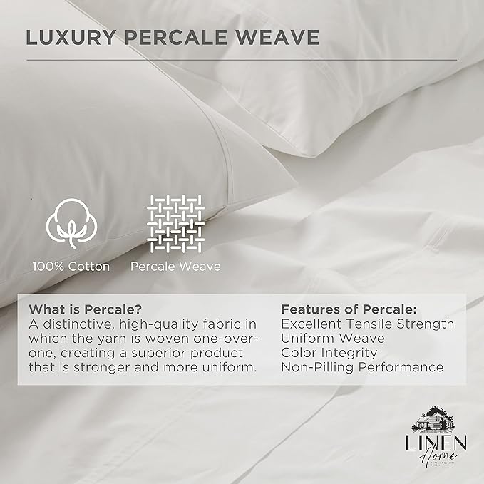 Linen Home 100% Cotton Percale Weave Fitted Sheet, King Size, 1 Deep Pocket - Image 2