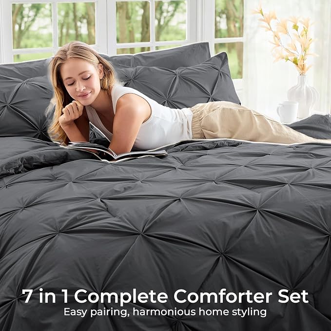 Sasttie California King Comforter Set, 7-Piece Bed in a Bag, Pintuck Bedding - Image 6