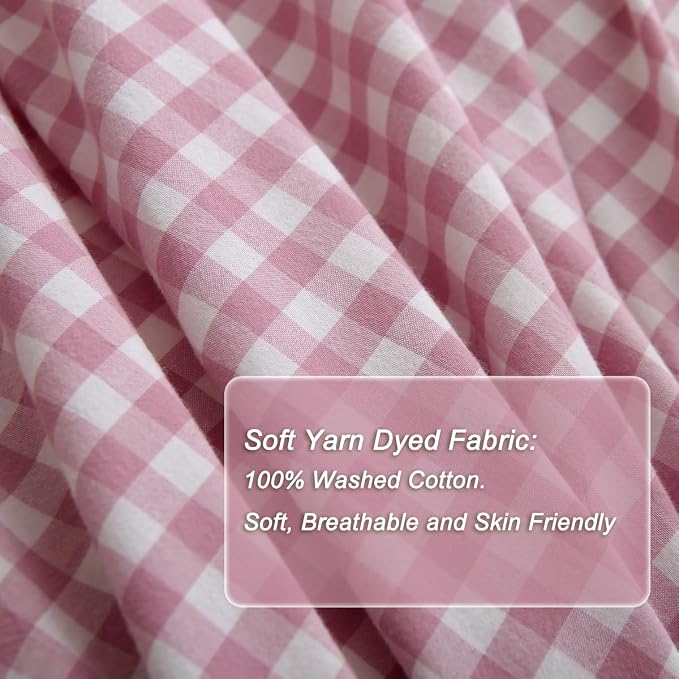 Silnuo Vintage Pink/White Plaid Ruffle 3-Piece Duvet Cover Set King Size - Image 5