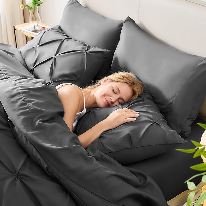 HIMEET Pintuck Bed in a Bag, 5 Pieces Twin Comforter Set Dark Grey, Pinch Bed - Image 7