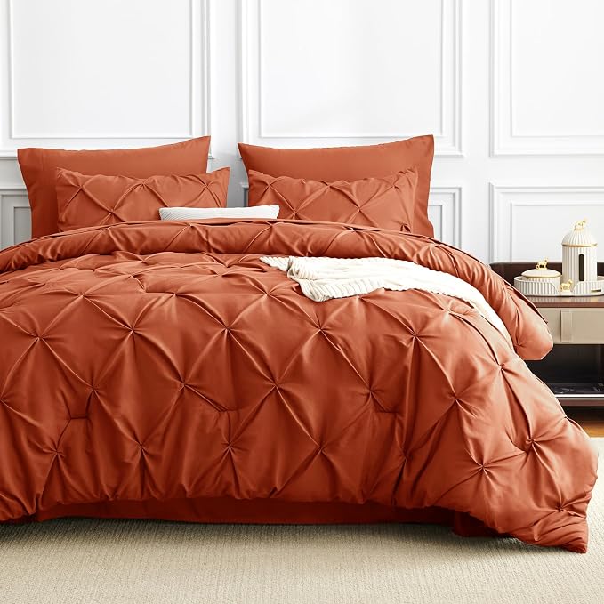 HIMEET Pintuck Bed in a Bag, 7 Pieces Full Size Comforter Set Burnt Orange - Image 9