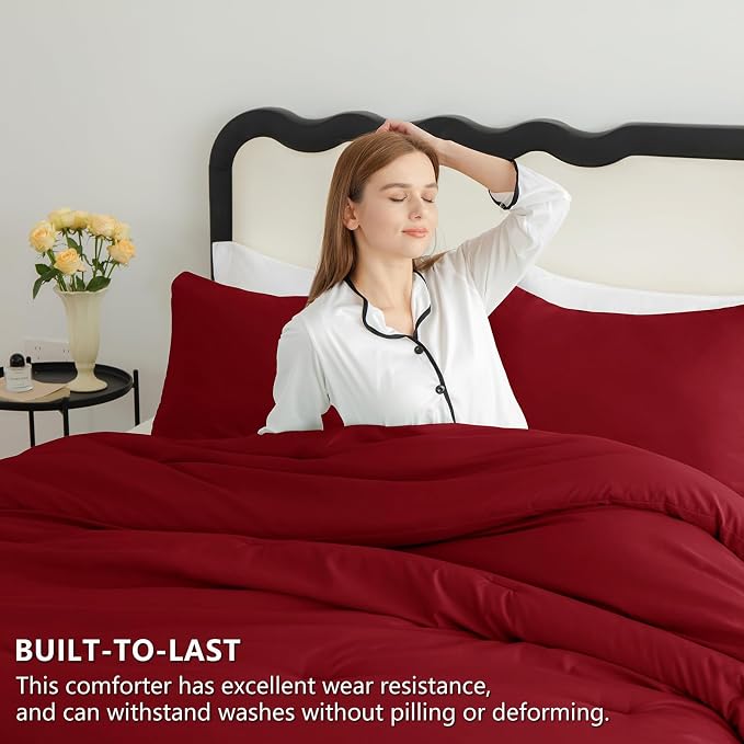 CozyLux Oversized King Comforter Set Dark Red, 3 Pieces 120x98 Solid Breathable - Image 3