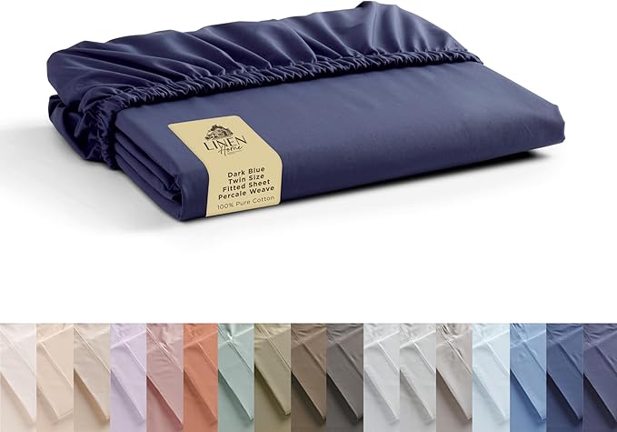 Linen Home 100% Cotton Percale Weave Fitted Sheet, Twin Size, Dark Blue by LINENHOME