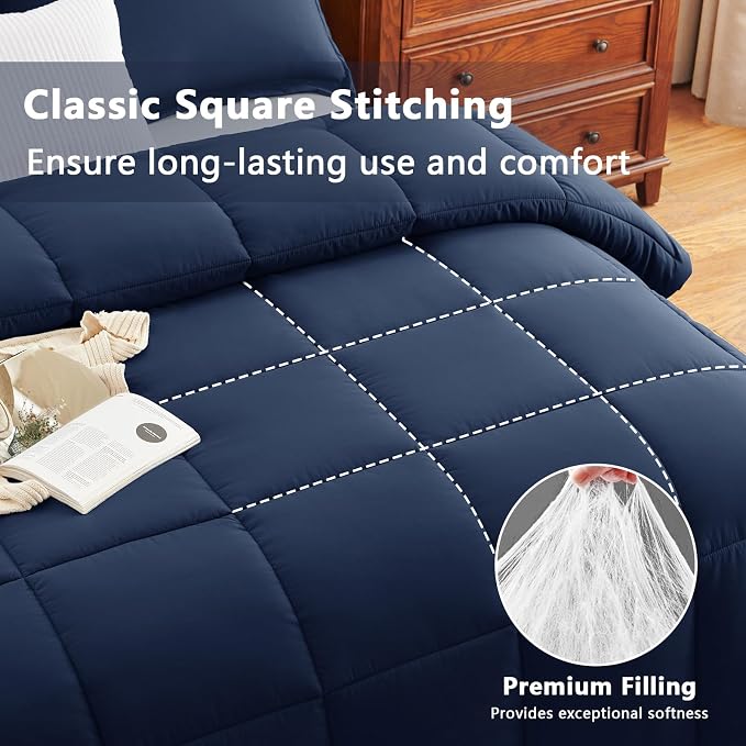 CozyLux Super King Plus Comforter Set, 3 Pieces Navy Blue 128x120 Box Stitched - Image 2