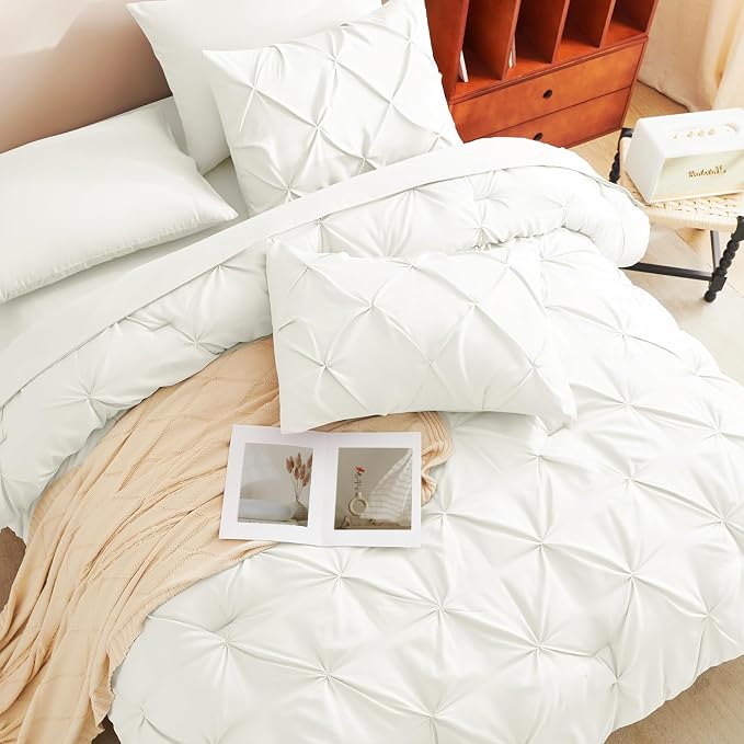 HIMEET Pintuck Bed in a Bag, 7 Pieces Queen Size Comforter Set Ivory, Luxury - Image 4