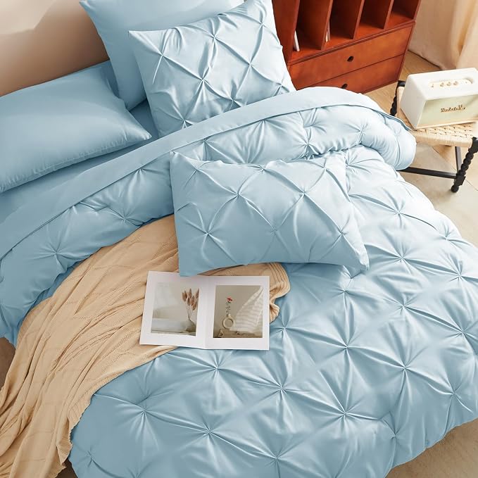 HIMEET Pintuck Bed in a Bag, 7 Pieces King Size Comforter Set Light Blue - Image 4