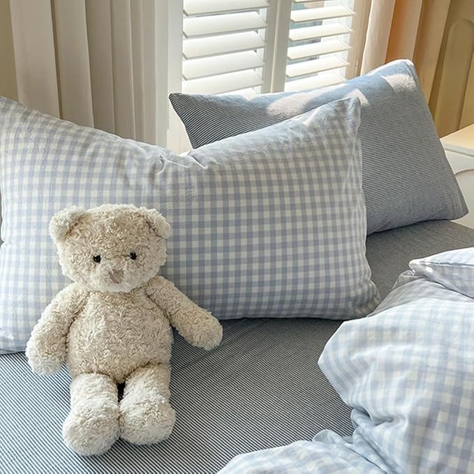 Nayoroom Gingham Duvet Cover Queen Size Blue White Plaid Checkered Comforter - Image 7