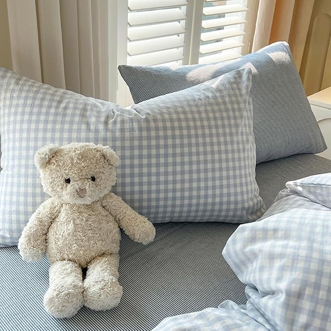 Nayoroom Gingham Duvet Cover King Size Blue White Plaid Checkered Comforter - Image 7