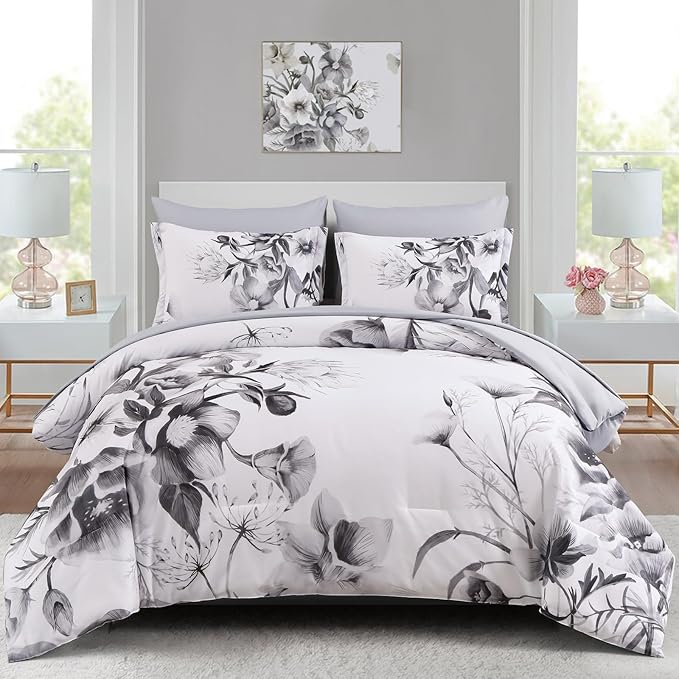 Luxudecor Floral Comforter Set King Size 7 Piece, Elegant Ink Comforter Bedding by Luxudecor