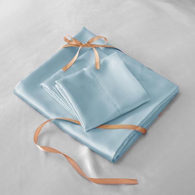 BEDELITE Satin Sheets Twin Size Bed Set, Luxury Soft Light Blue Silky Sheets - Image 7