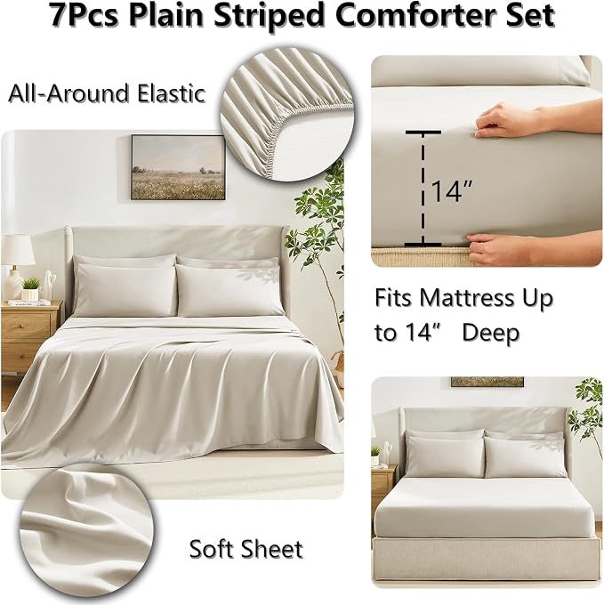 CozyLux King Size Comforter Set Oatmeal, 7 Pieces Bed in a Bag, Oatmeal - Image 5