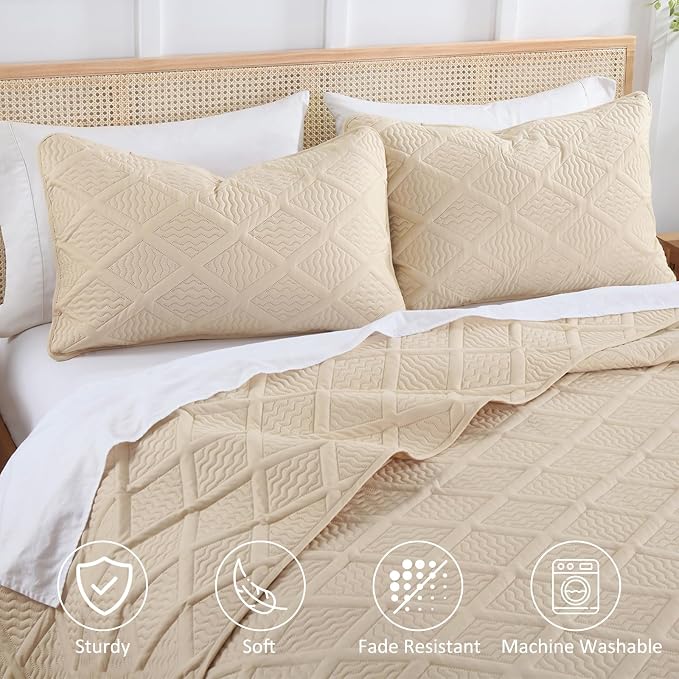 Yiran Camel Quilt Set King Size, 3 Piece Reversible Bedspreads Bedding Set - Image 4