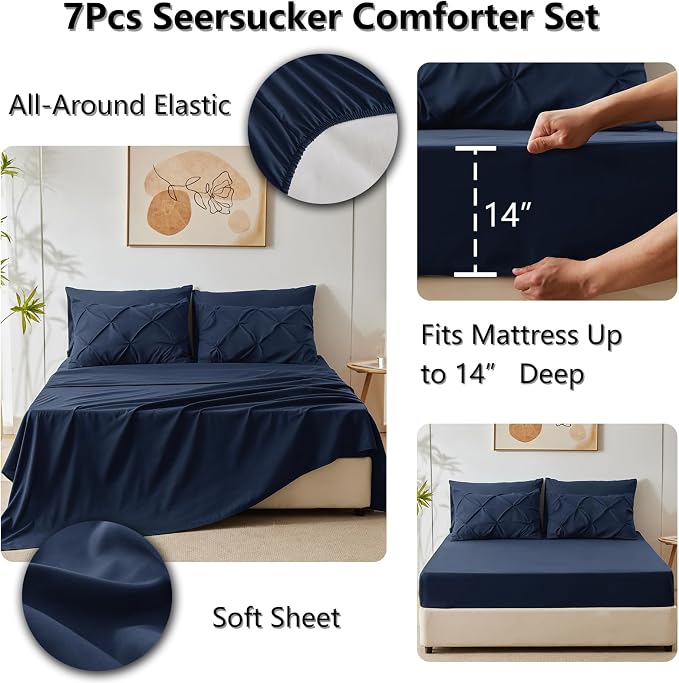 CozyLux Full Size Comforter Sets Navy Blue, 7 Pieces Pintuck Bed in A Bag Blue - Image 6